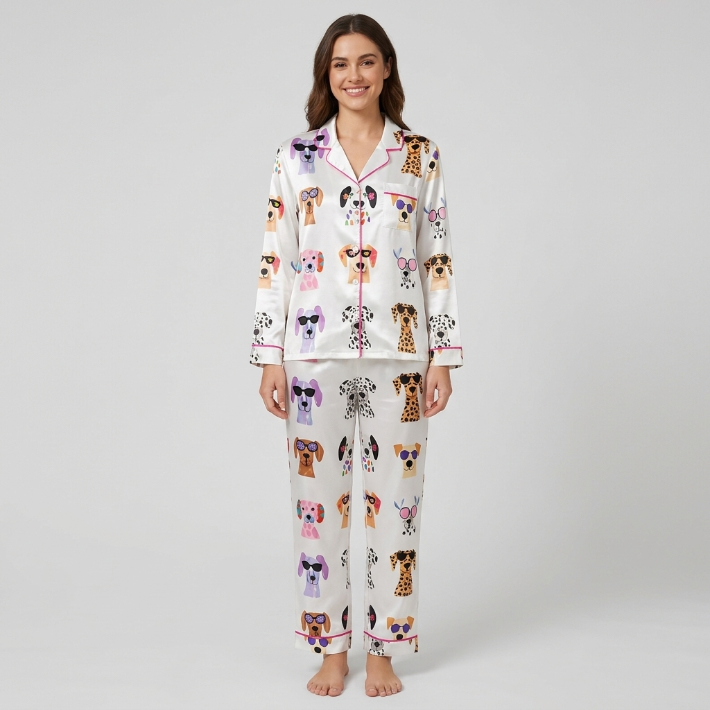 Women's satin pajama set with dalmatians and leopard-print pups in sunglasses in a grid on white - long sleeve and pants
