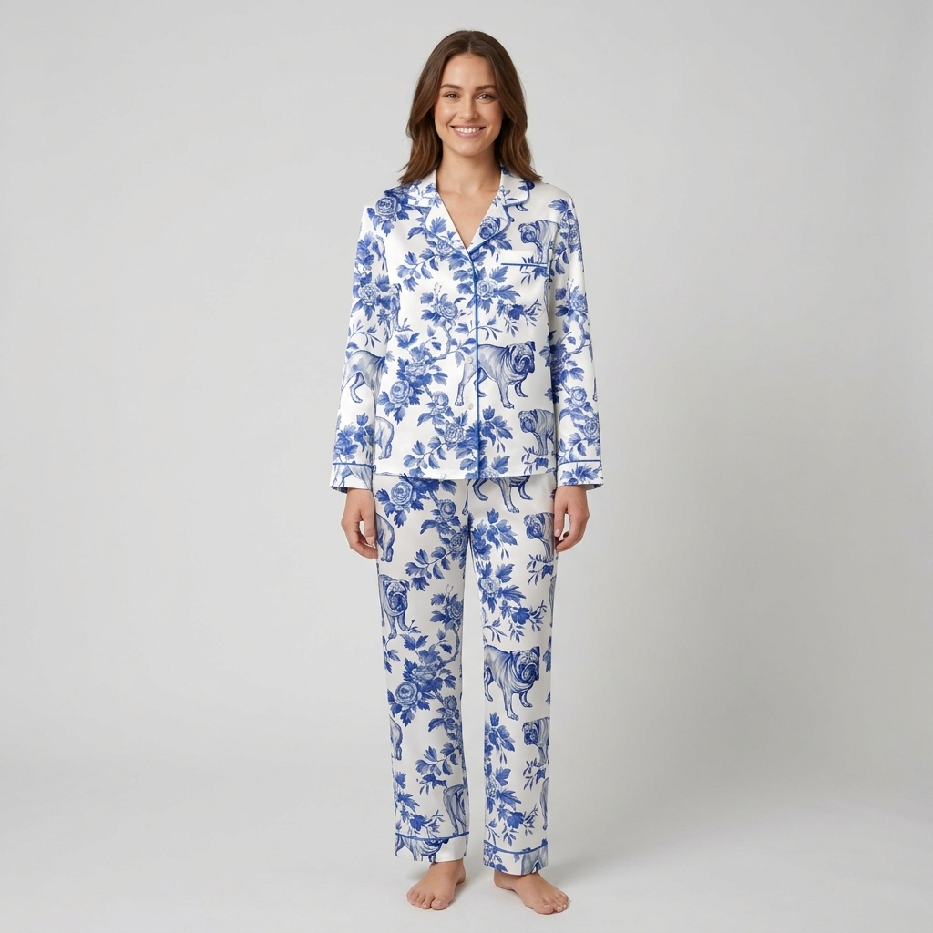 Women's satin pajama set with bulldogs in blue and white floral toile with roses on white - long sleeve and pants