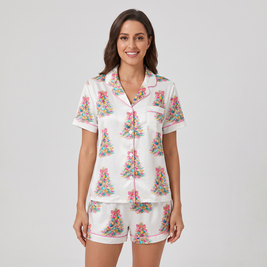 Rainbow Glitter Bow Trees Women's Pajama Set - short sleeve and shorts