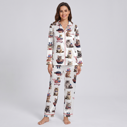 Patriotic Top Hat Cats Women's Pajama Set - long sleeve and pants