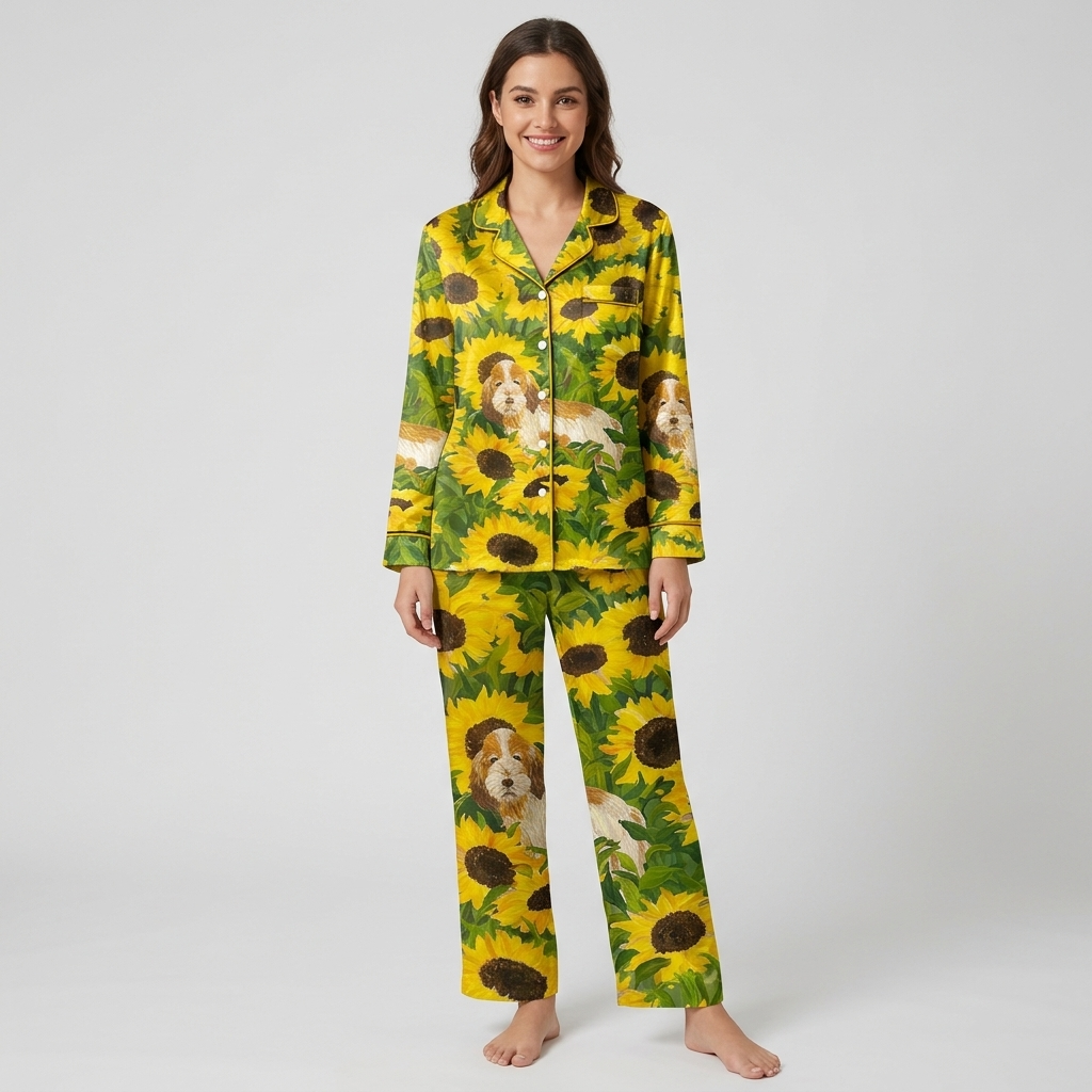 Women's satin pajama set with a fluffy golden-and-white dog in a field of sunflowers - long sleeve and pants