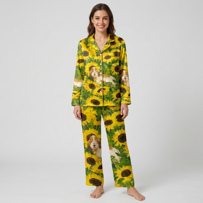 Women's satin pajama set with a fluffy golden-and-white dog in a field of sunflowers - long sleeve and pants