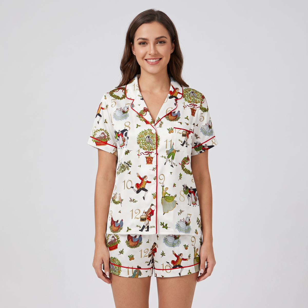 Illustrated 12 Days Of Christmas Women's Pajama Set - short sleeve and shorts