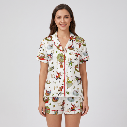 Illustrated 12 Days Of Christmas Women's Pajama Set - short sleeve and shorts