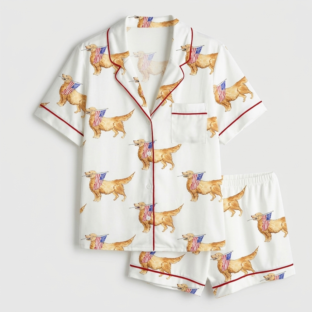 Women's satin pajama set with golden retrievers carrying little American flags in their mouths on white - flat lay
