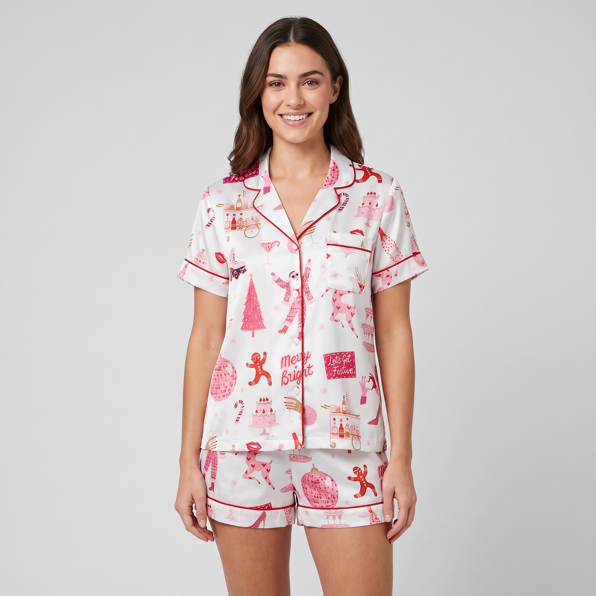 Pink Disco Christmas Women's Pajama Set - short sleeve and shorts