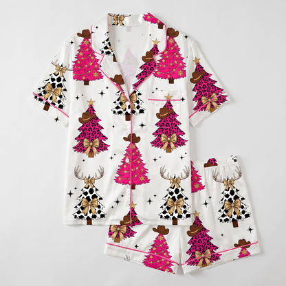 Leopard & Cow Print Trees Women's Pajama Set - flat lay