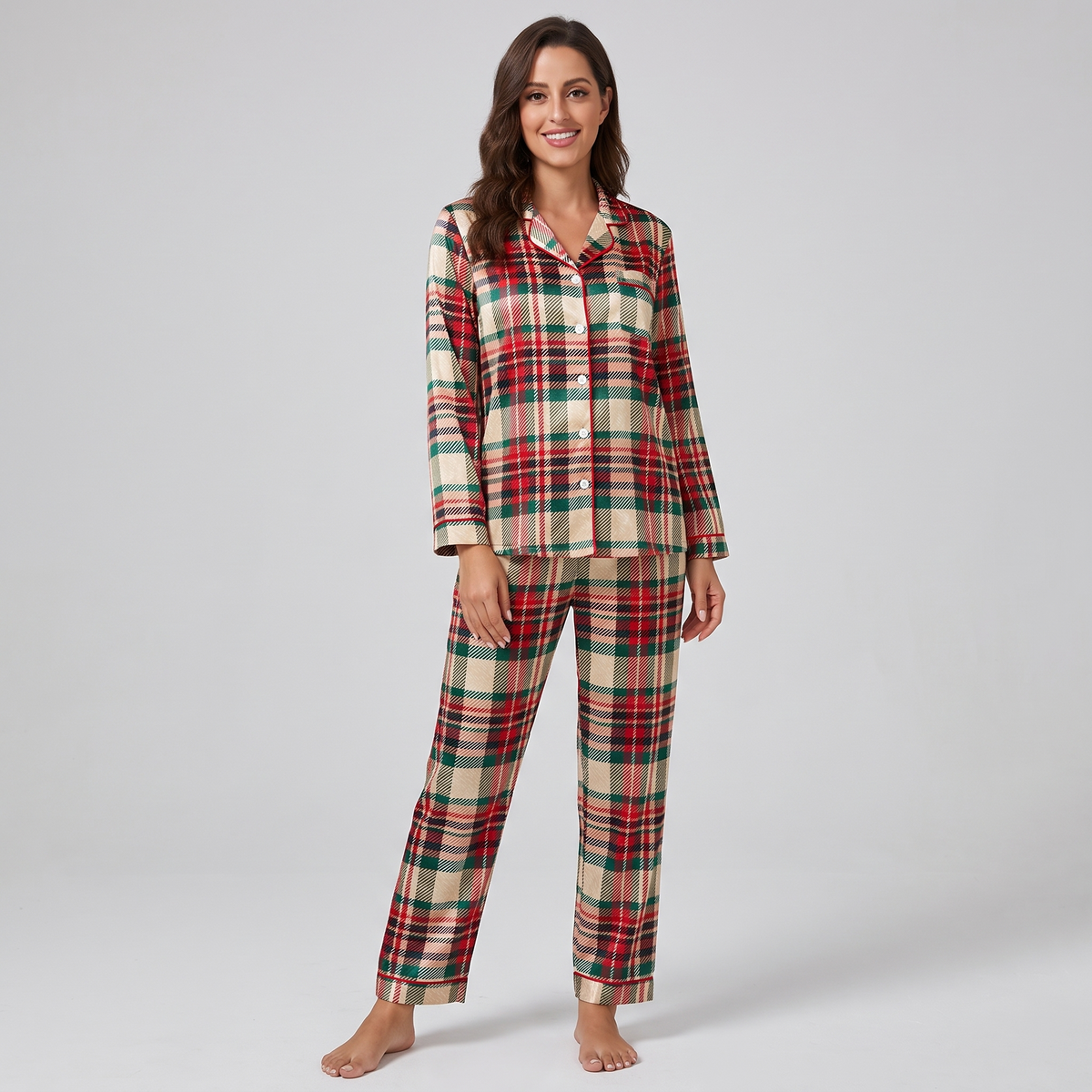 Cream Christmas Plaid Women's Pajama Set - long sleeve and pants