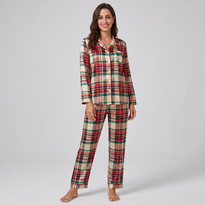 Cream Christmas Plaid Women's Pajama Set - long sleeve and pants