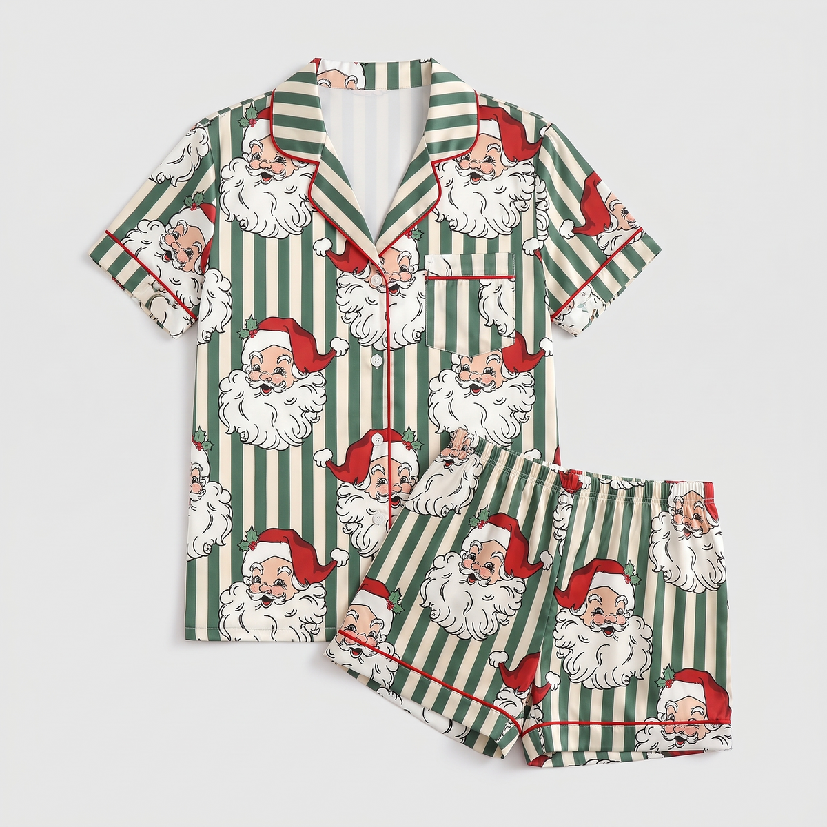Green Stripe Santa Women's Pajama Set - flat lay
