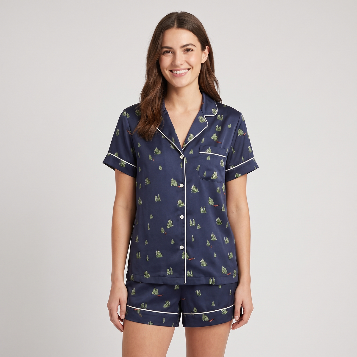 Navy & Gold Trees Women's Pajama Set - short sleeve and shorts