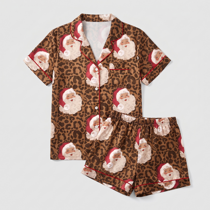 Leopard Print Santa Women's Pajama Set - flat lay