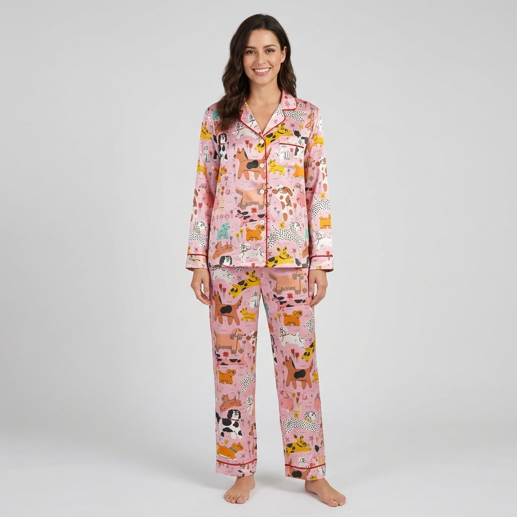 Sky Blue Dog Park Women's Pajama Set - Pink long sleeve and pants