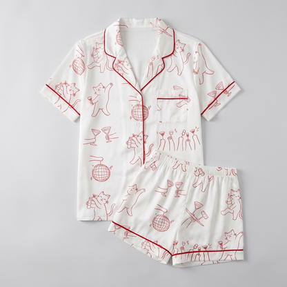 Disco Cocktail Cats Women's Pajama Set - flat lay