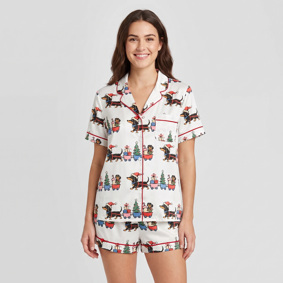 Dachshund Christmas Train Women's Pajama Set - short sleeve and shorts