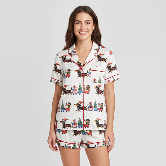 Dachshund Christmas Train Women's Pajama Set - short sleeve and shorts