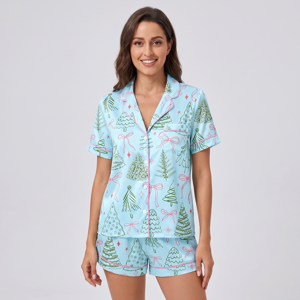 Preppy Bow Trees Women's Pajama Set - Blue