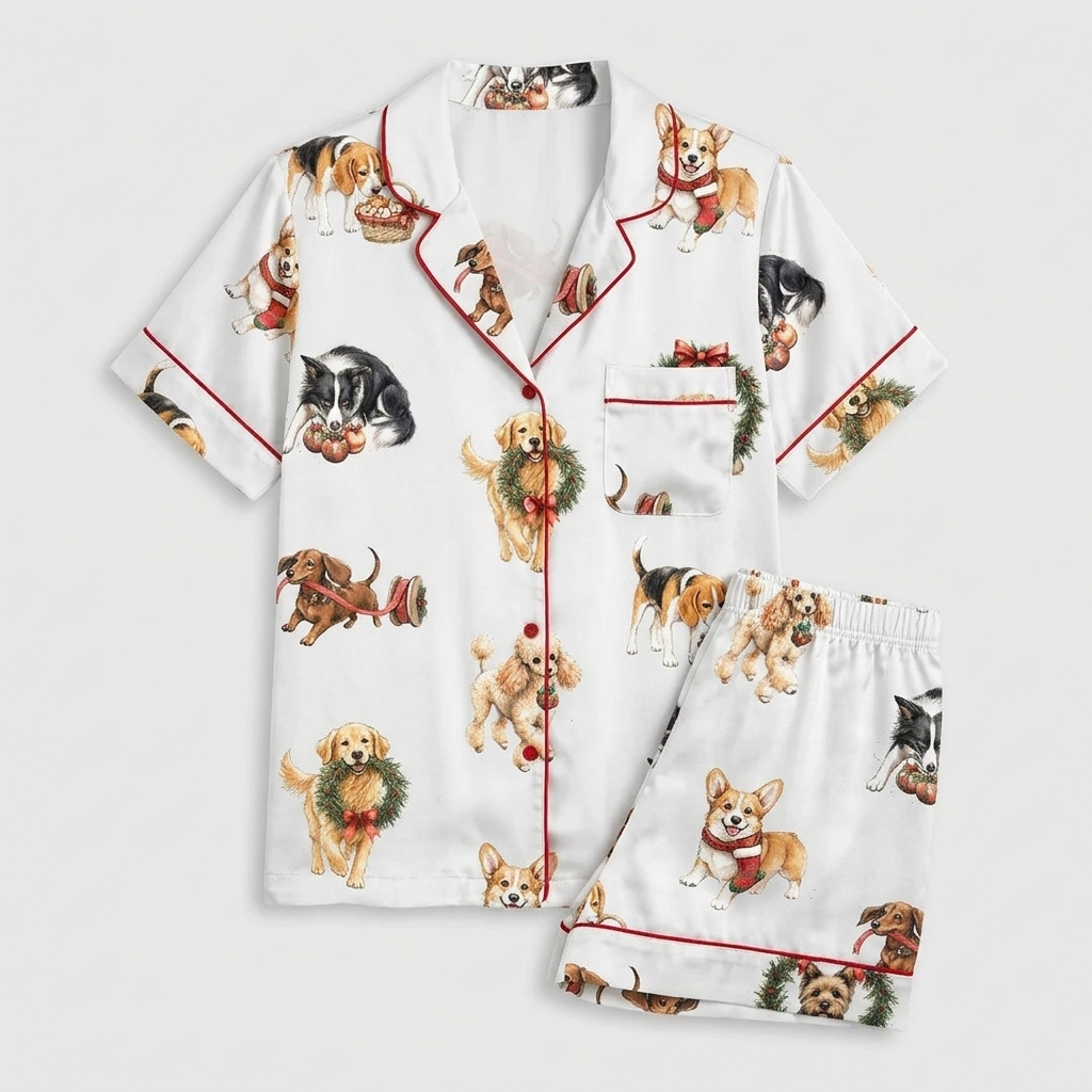Women's satin pajama set with retrievers, beagles and terriers popping through holly wreaths on white - flat lay