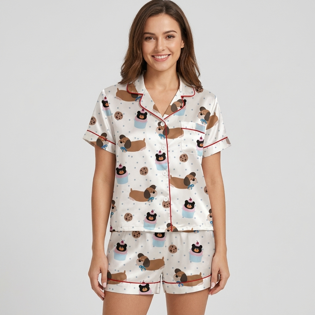 Women's satin pajama set with dachshunds in bow ties with cookies and cupcakes on white - short sleeve and shorts
