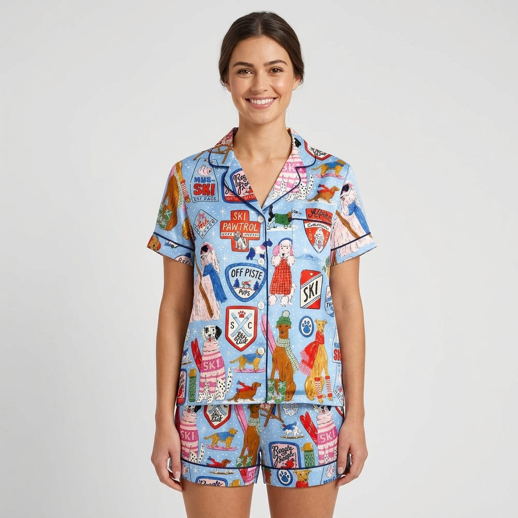 Women's satin pajama set in light blue with dogs in knit sweaters and shades among ski badges and gear - short sleeve and shorts