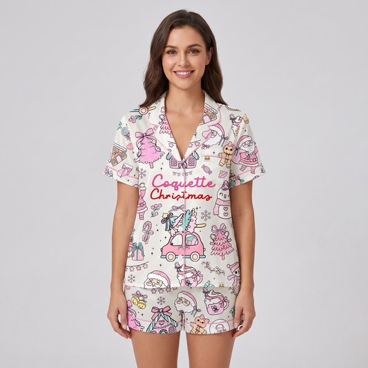 Pastel Coquette Christmas Women's Pajama Set - short sleeve and shorts