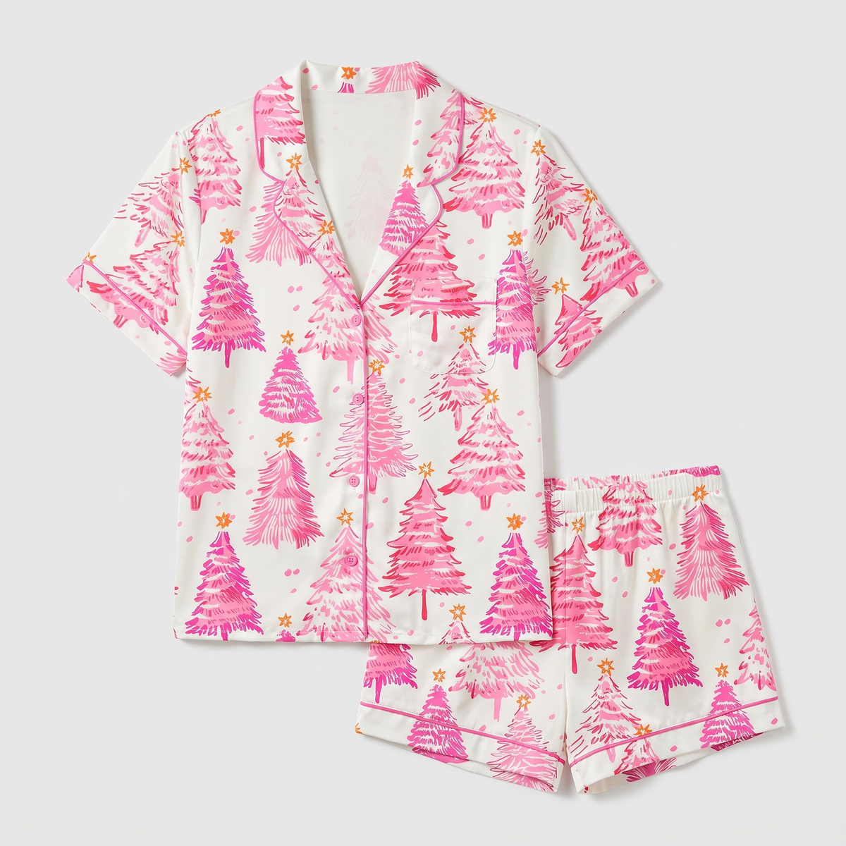 Pink Tinsel Trees Women's Pajama Set - flat lay