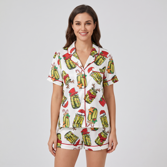 Christmas Pickle Jars Women's Pajama Set - short sleeve and shorts