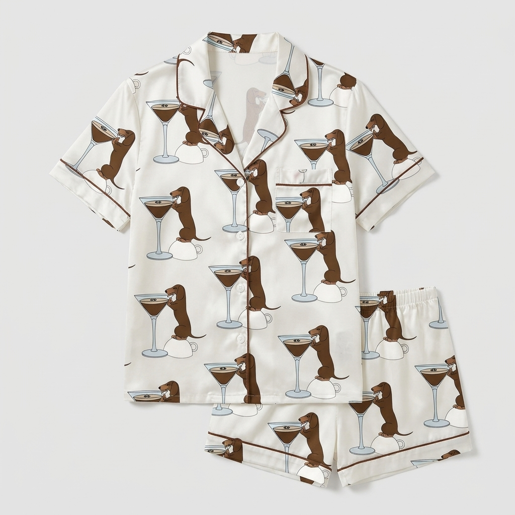 Women's satin pajama set with basset hounds leaning into espresso martini glasses on white - flat lay