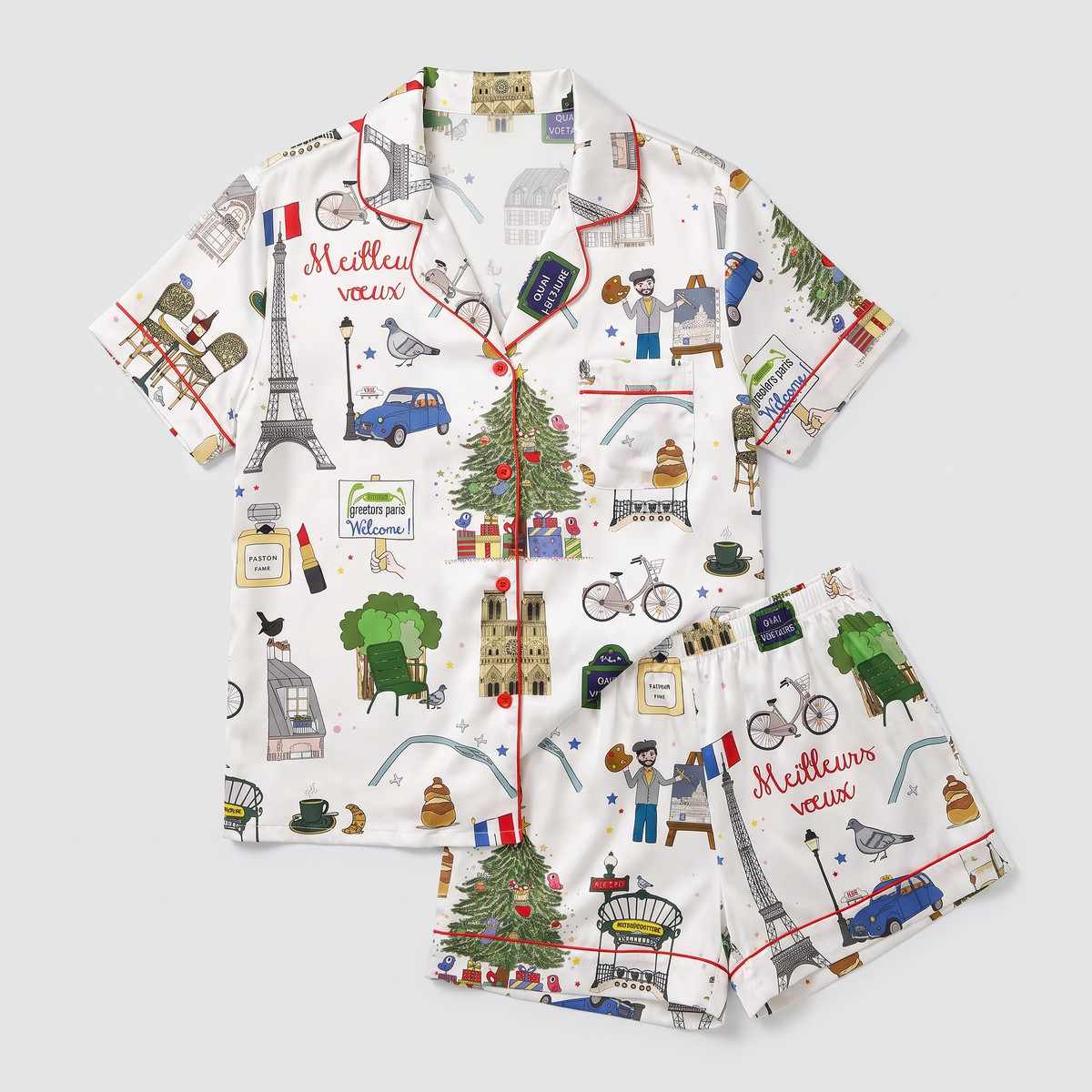 Paris Street Christmas Women's Pajama Set - flat lay