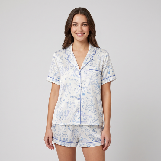 Blue Toile 12 Days Of Christmas Women's Pajama Set - short sleeve and shorts