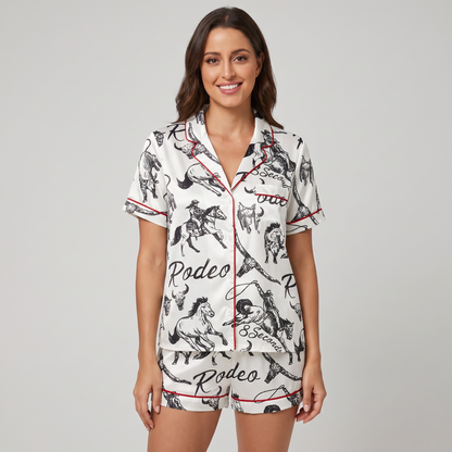 Black Ink Rodeo Horse Women's Pajama Set - short sleeve and shorts