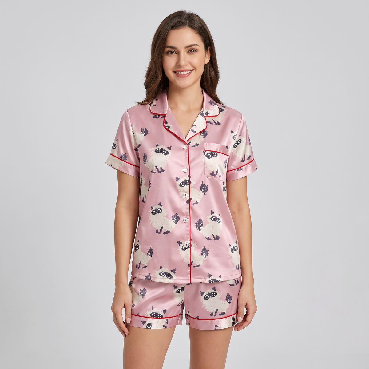 Fluffy Cream Cats Women's Pajama Set - short sleeve and shorts