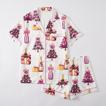 Pink Champagne Trees Women's Pajama Set - flat lay