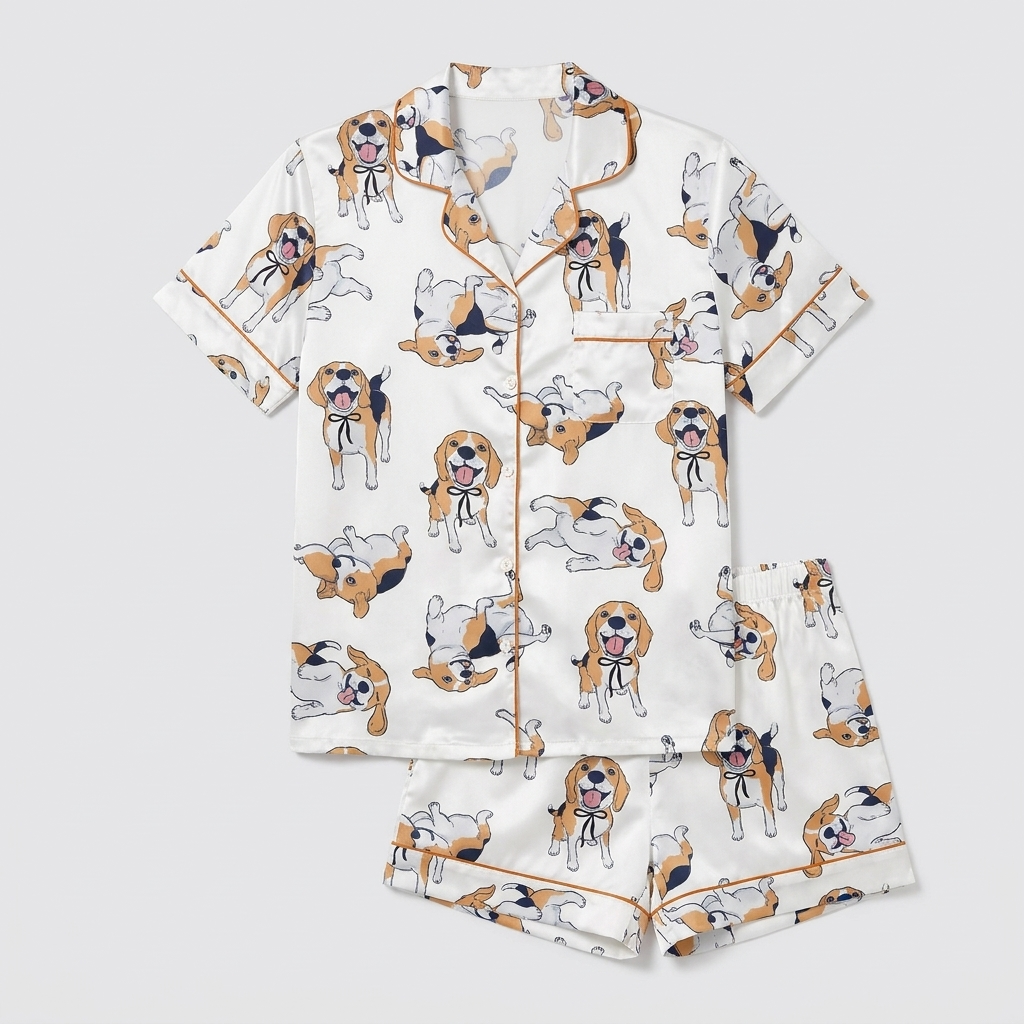 Women's satin pajama set with tricolor beagles in black ribbon collars rolling over on white with copper piping - flat lay