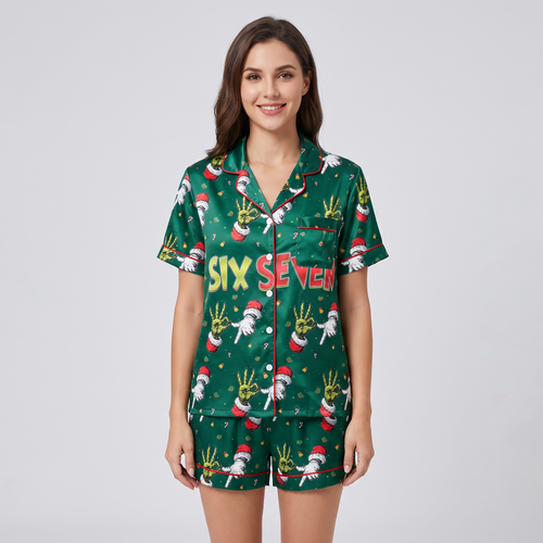 Six Seven Green Christmas Women's Pajama Set - short sleeve and shorts