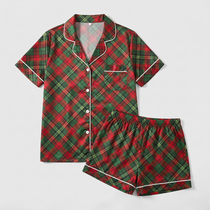 Green Tartan Christmas Women's Pajama Set - flat lay