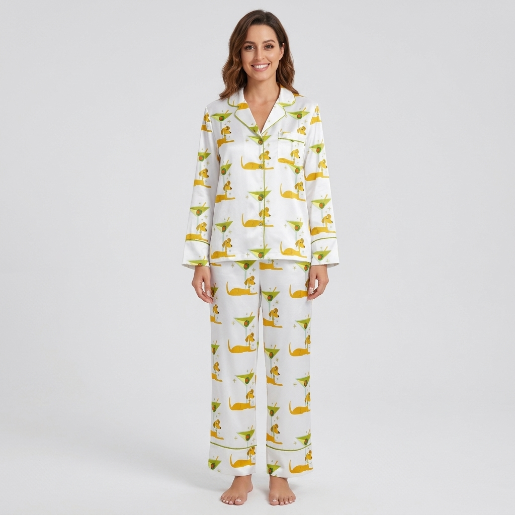 Women's satin pajama set with golden dachshunds beside green martini glasses and olives on white - long sleeve and pants