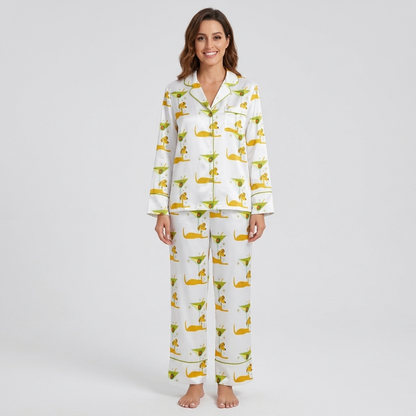 Women's satin pajama set with golden dachshunds beside green martini glasses and olives on white - long sleeve and pants