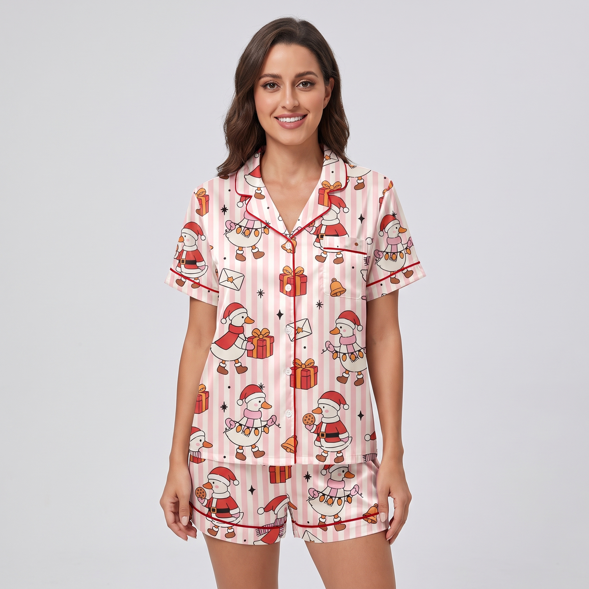 Silly Santa Geese Women's Pajama Set - short sleeve and shorts