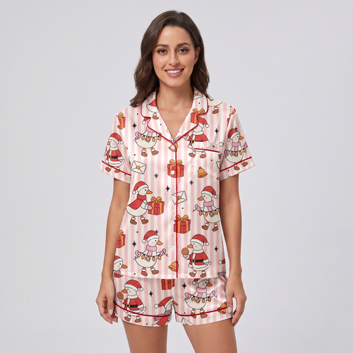 Silly Santa Geese Women's Pajama Set - short sleeve and shorts
