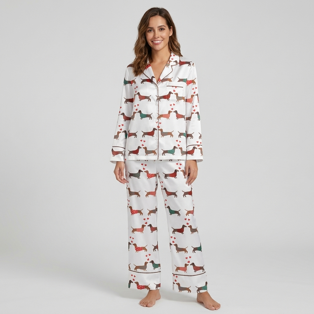 Women's satin pajama set with dachshunds in red, green and teal sweaters among tiny hearts on white - long sleeve and pants