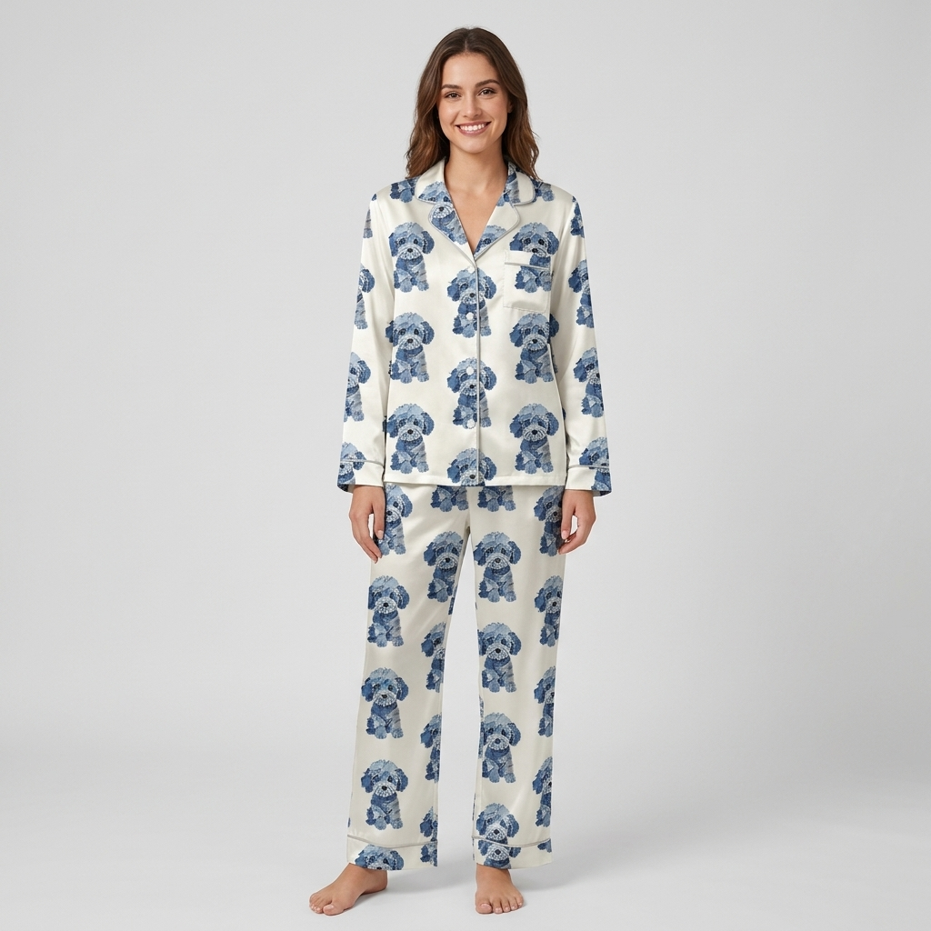 Women's satin pajama set with fluffy doodle pups in denim-textured blues in rows on white - long sleeve and pants