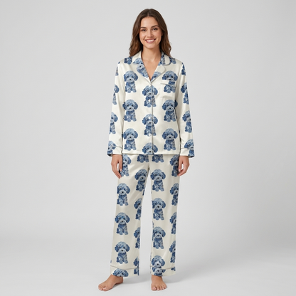 Women's satin pajama set with fluffy doodle pups in denim-textured blues in rows on white - long sleeve and pants