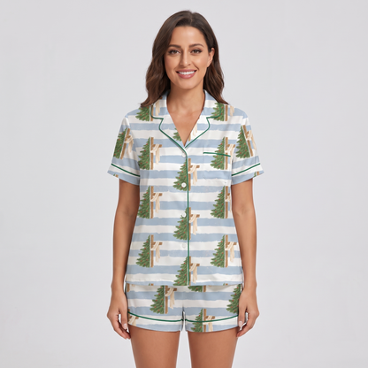 Blue Stripe Tree Cross Women's Pajama Set - short sleeve and shorts