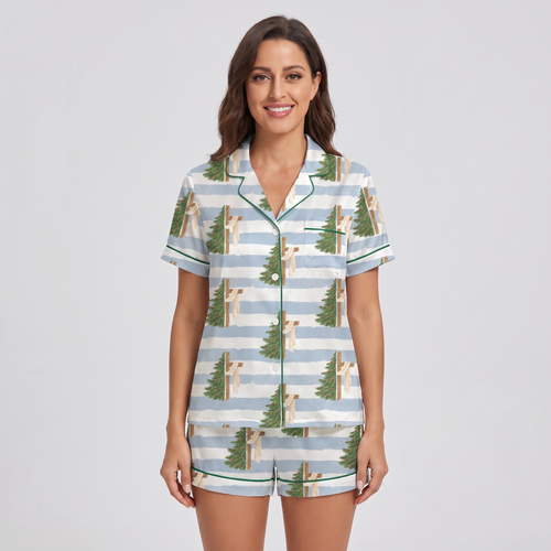 Blue Stripe Tree Cross Women's Pajama Set - short sleeve and shorts