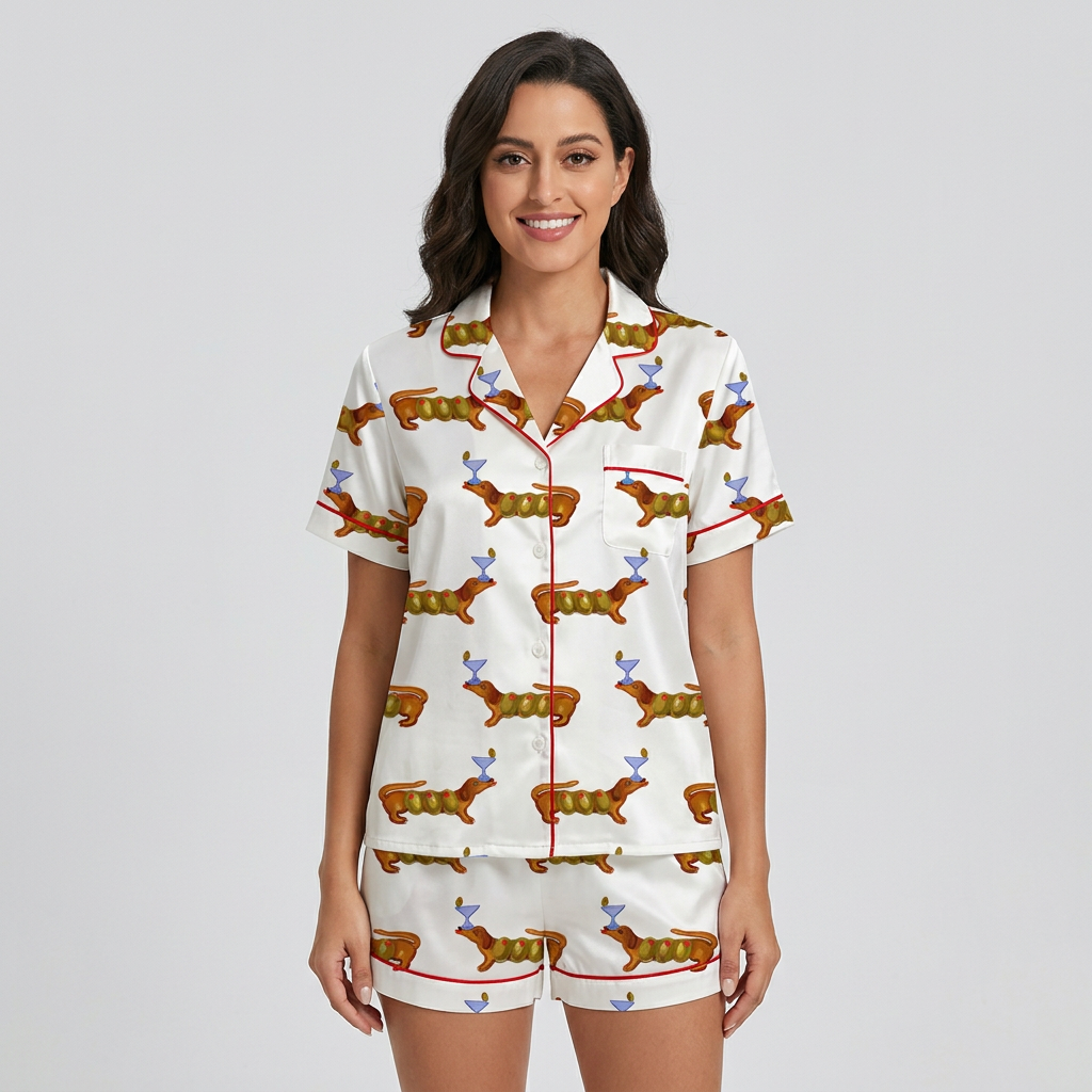 Women's satin pajama set with russet dachshunds balancing blue cocktail glasses in rows on white - short sleeve and shorts