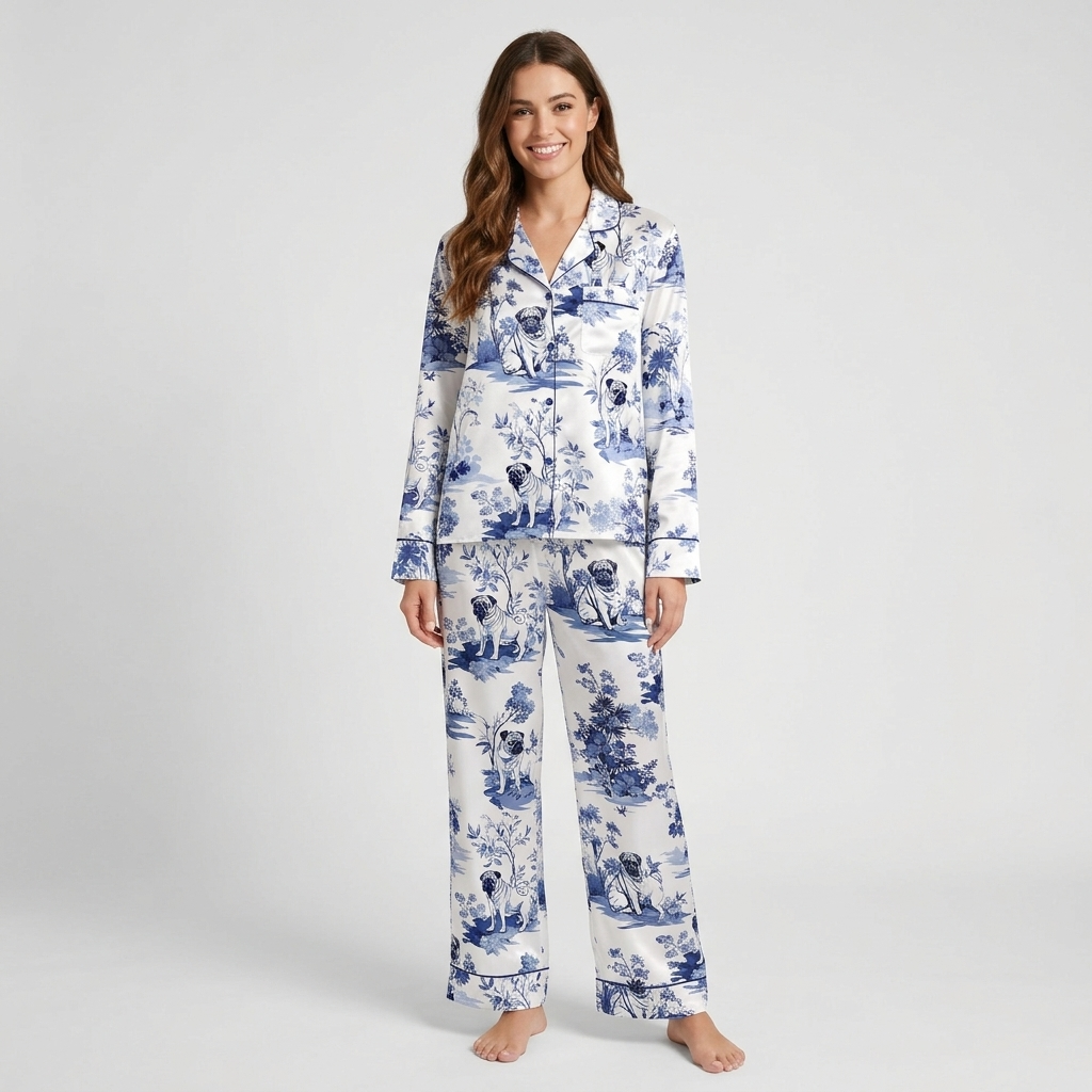 Women's satin pajama set with pugs among deep blue flowers and trees in a classic toile pattern on white - long sleeve and pants