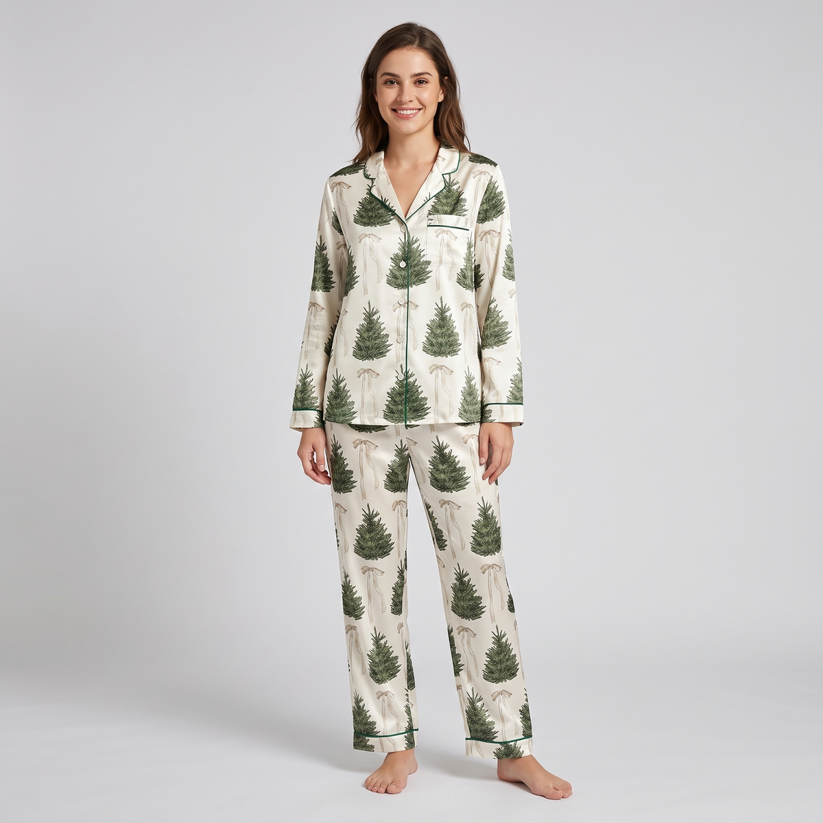 White Bow Evergreens Women's Pajama Set - long sleeve and pants