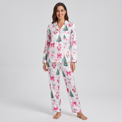 Pink Santas, Bows & Trees Women's Pajama Set - long sleeve and pants