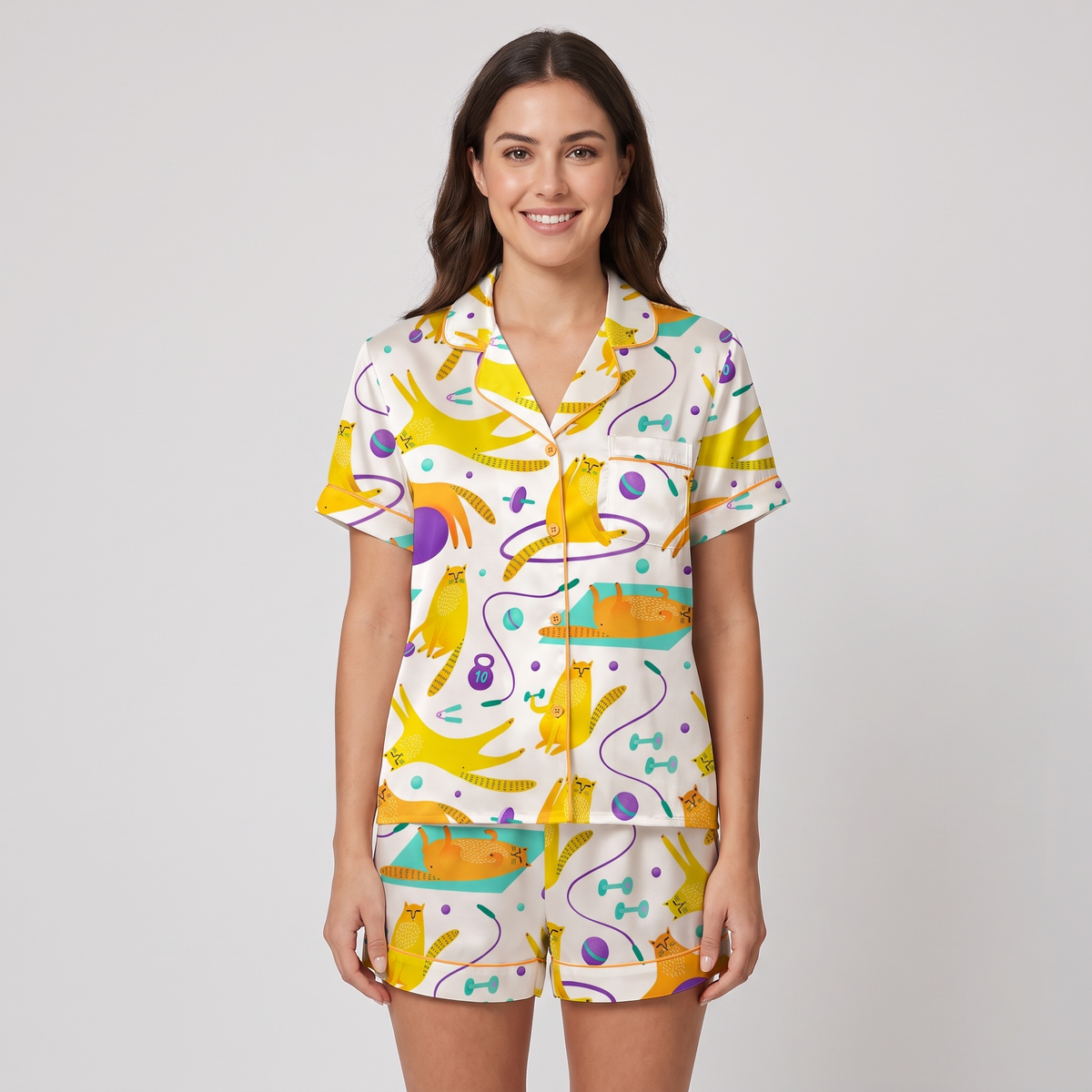 Yoga Cats Women's Pajama Set - short sleeve and shorts
